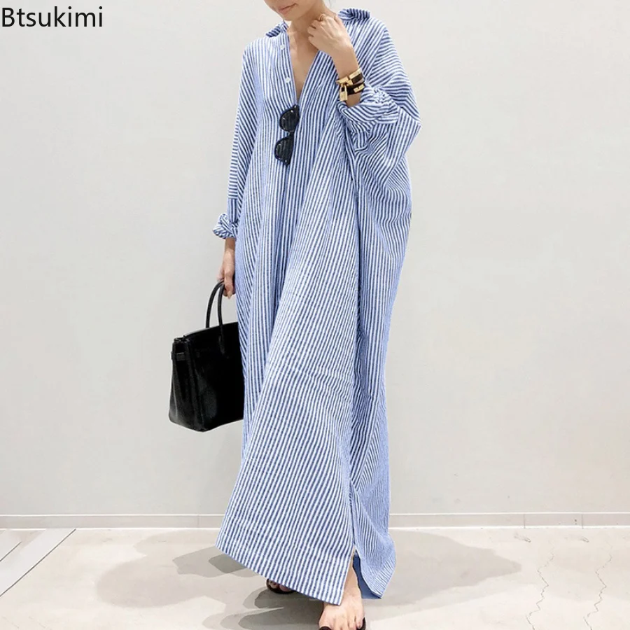 Plus Size 4XL 5XL Women's Casual Striped Cardigan Dress Female Tops Shirts Oversized Long Sleeve Tops Blouse Button Up Shirt