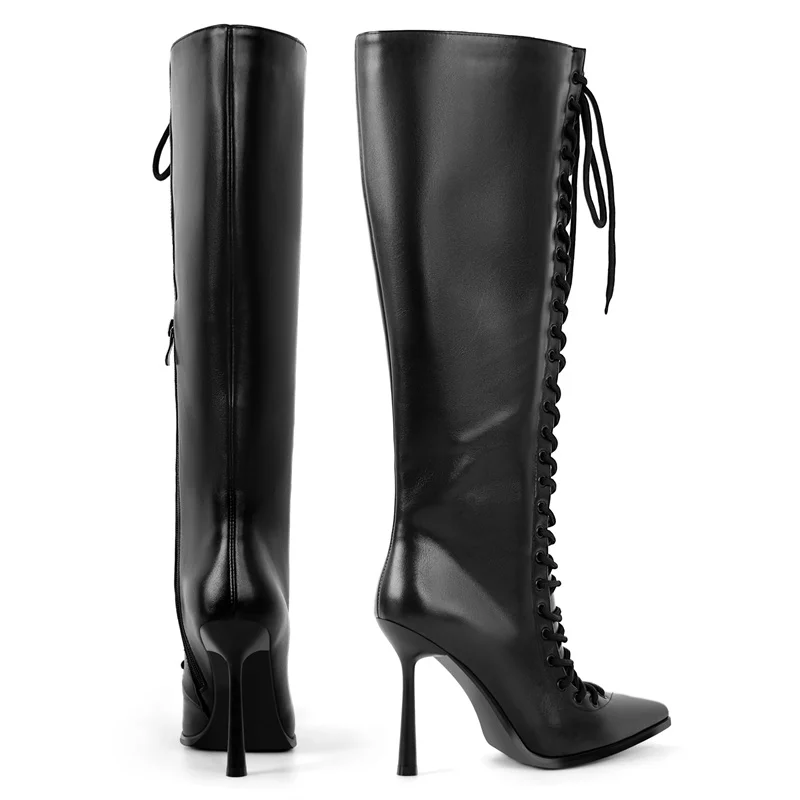 Фото Onlymaker Сапоги до колена из искусственной кожи с острым носком на шнуровке Модные элегантные ботинки на тонком каблуке с боковой молнией №4