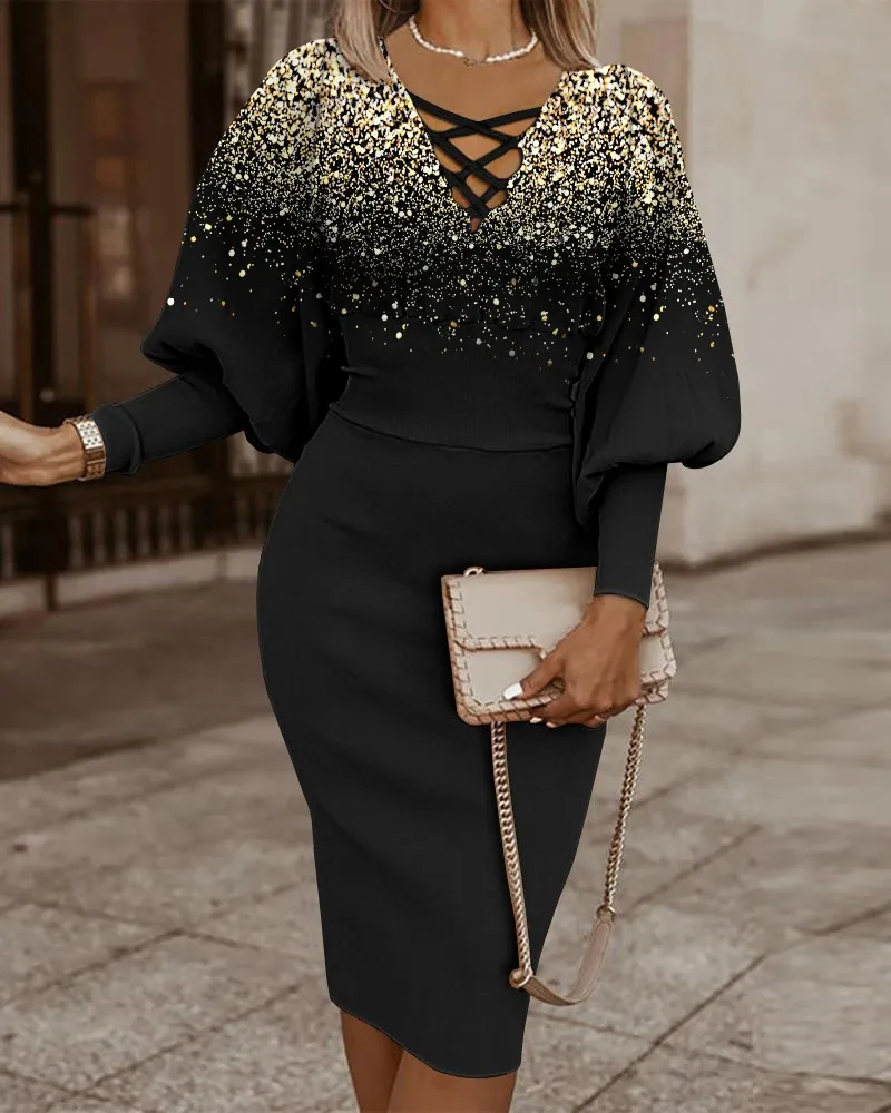 Bodycon Dresses for Women Elegant Color Block Hollow V Neck Midi Pencil Dress Fall Puffy Sleeve Cocktail