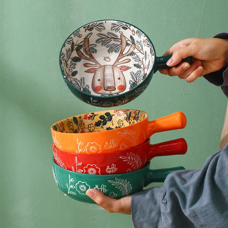 

Forest Animal Design Big Bowl Single Handle Ceramic Bowl Noodle Bowl Creative Restaurant Household Flower Bowl Home Decoration
