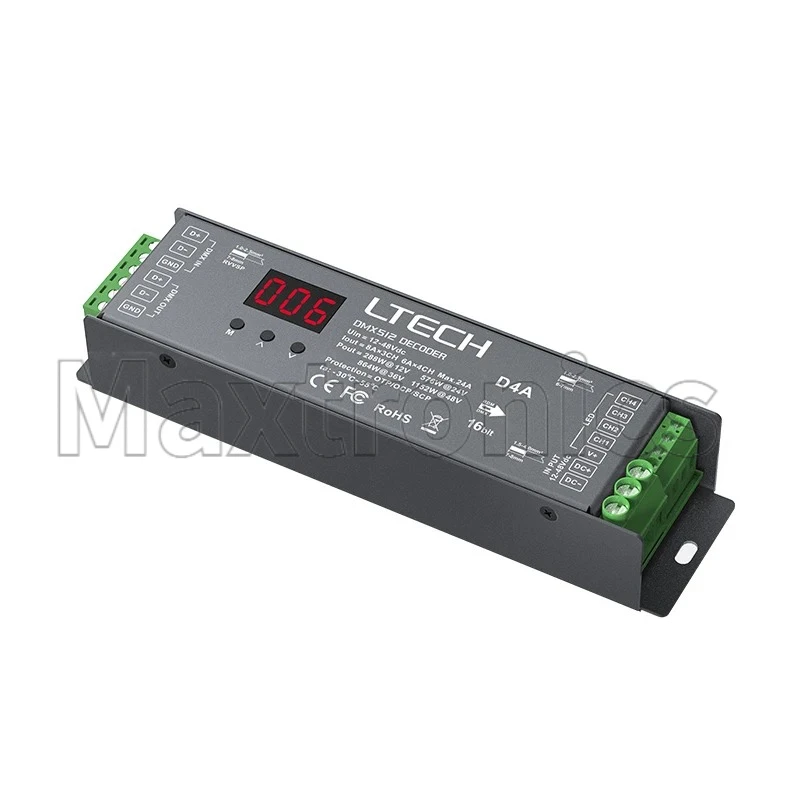 Фото LTECH DMX/RDM декодер DMX512 ведомый зеленый терминал/порт RJ45 4-канальный CV постоянное напряжение DC12-24V 6A/CH 24A (4CH) ЖК-дисплей №3