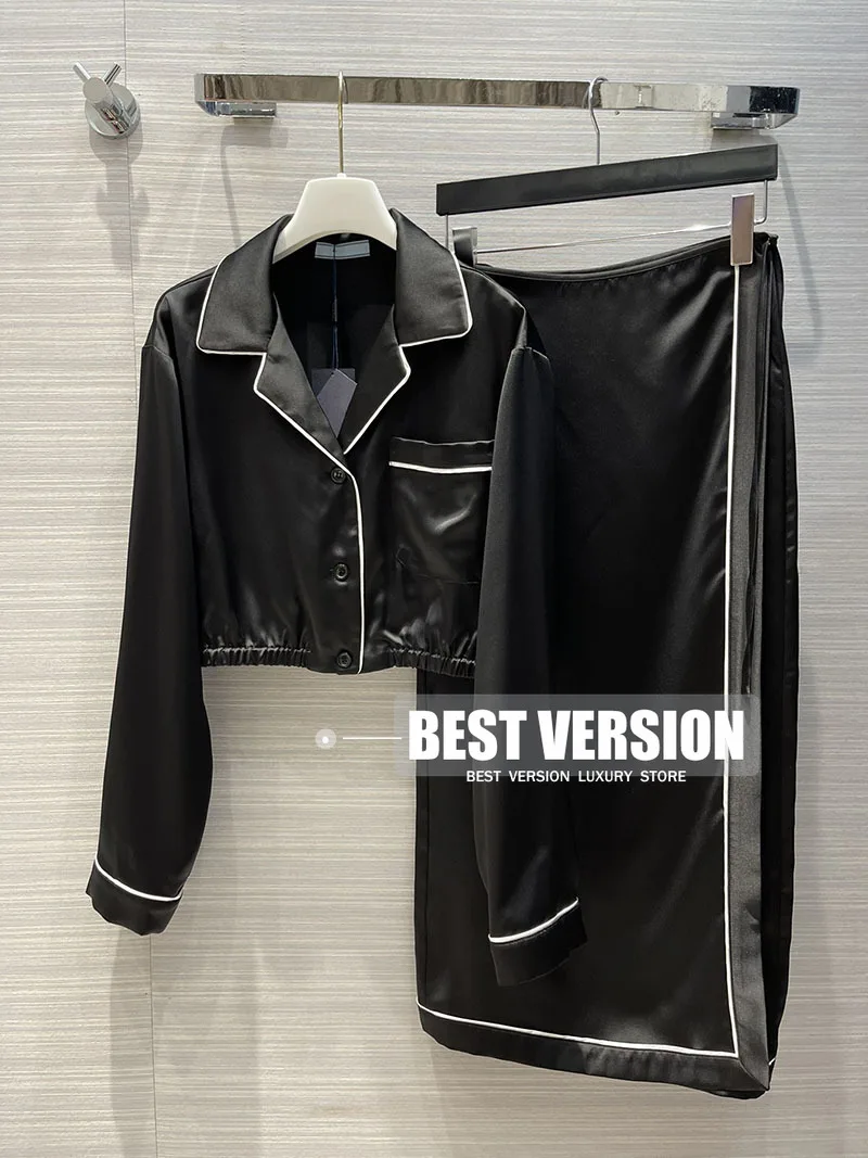 

Best Version Black Silkly soft Poly Luxury Brand Two Pieces Set Outfits for Women Premium Crop Shirt Blouse with Straight Skirt