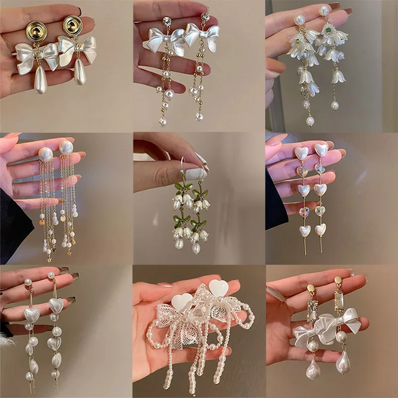 

French Retro Pearl Bowknot Tassel Earrings Korean Fashion Style Flower Earings for Women Wedding Party 2022 Trend Jewelry