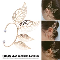 fashion simple flash zircon hollow leaf ear clip left and right ear single no ear hole copper ear hanging earrings for women