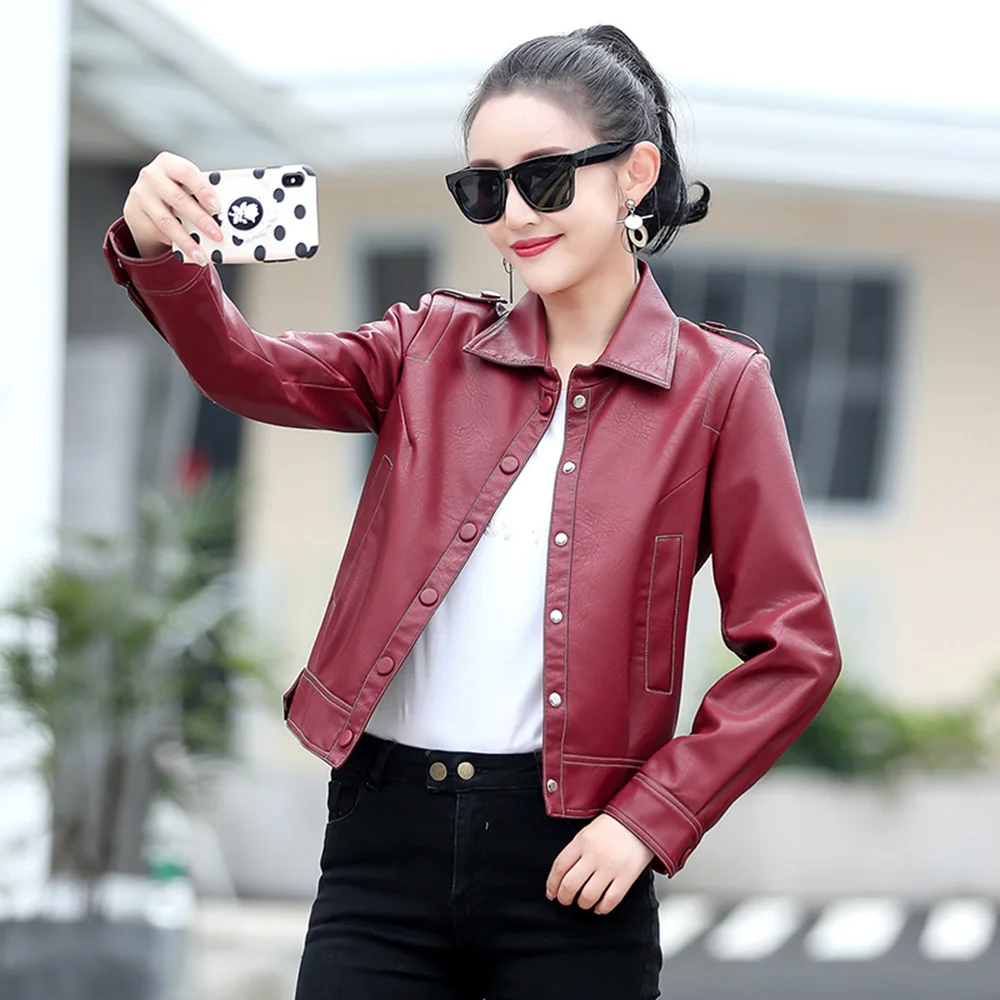 New Women Small Leather Jacket Casual Fashion Moto & Biker Style High Waist Sheepskin Short Coat Split Leather Slim Outerwear