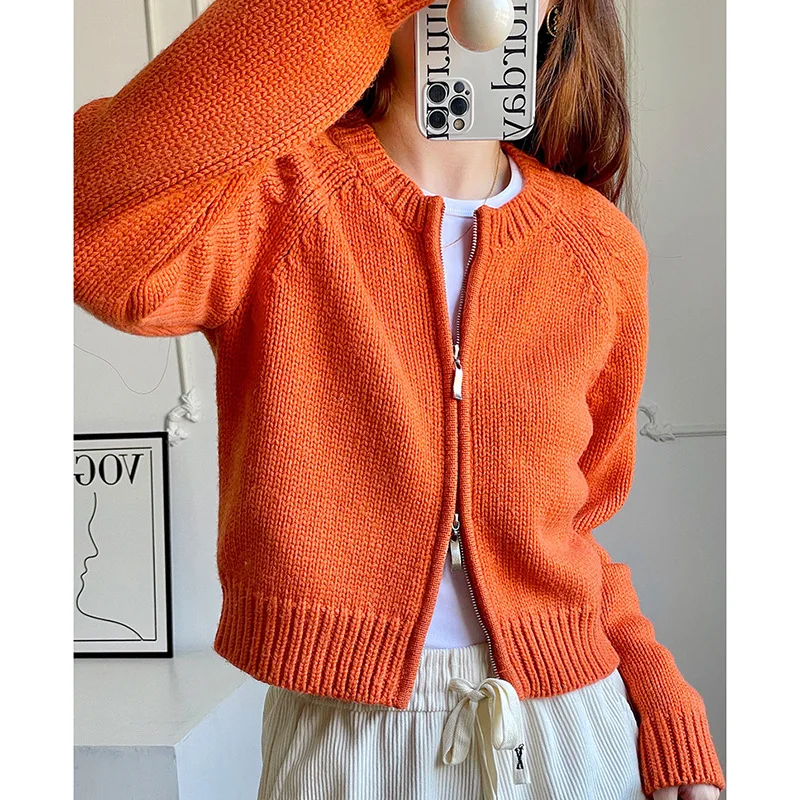 Fashion Korean Wool Sweater Cardigans Women Knitted Crop Tops Solid Orange White Jersey Long Sleeve Autumn Winter Japanese Lady