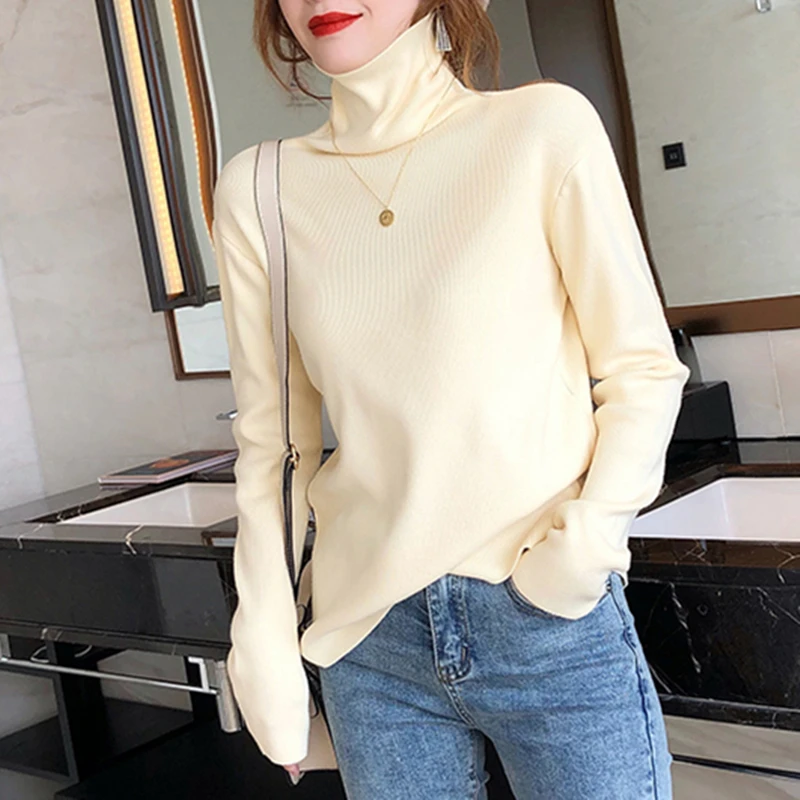 

Winter Women Korean Turtleneck Vintage Solid Knitted Pullover Sueter Ladies Casual Fashion Long Sleev Slim Streetwear Female