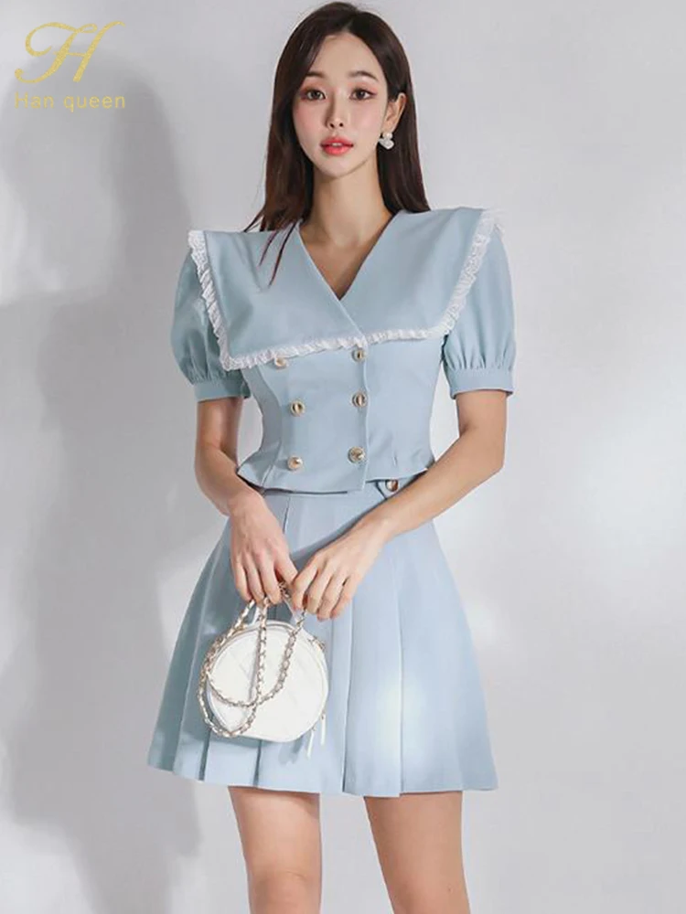 

Женский костюм из двух предметов H Han Queen, повседневный двубортный короткий топ и модная плиссированная мини-юбка, летний костюм