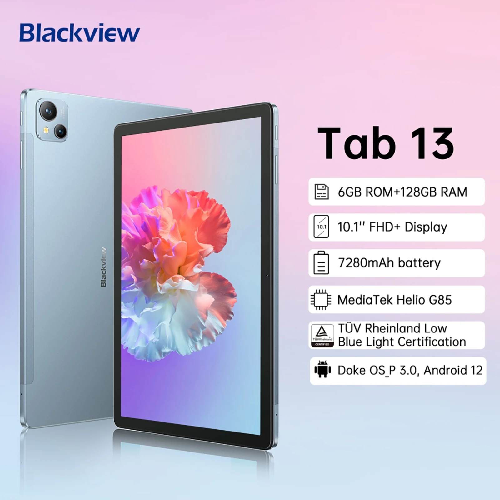 

Blackview Tab 13 Tablet PC 10.1 inch Android 12 Google Play 4G Phone Call Tab 6GB RAM 128GB ROM 13MP Rear Camera 7280mAh WiFi