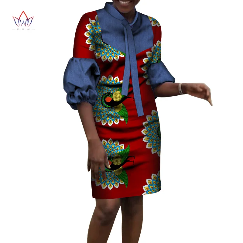 Dashiki African Dresses for Women Bazin Riche Ankara Print Flare Long Sleeve Knee Length Dresses Women African Clothing WY6598