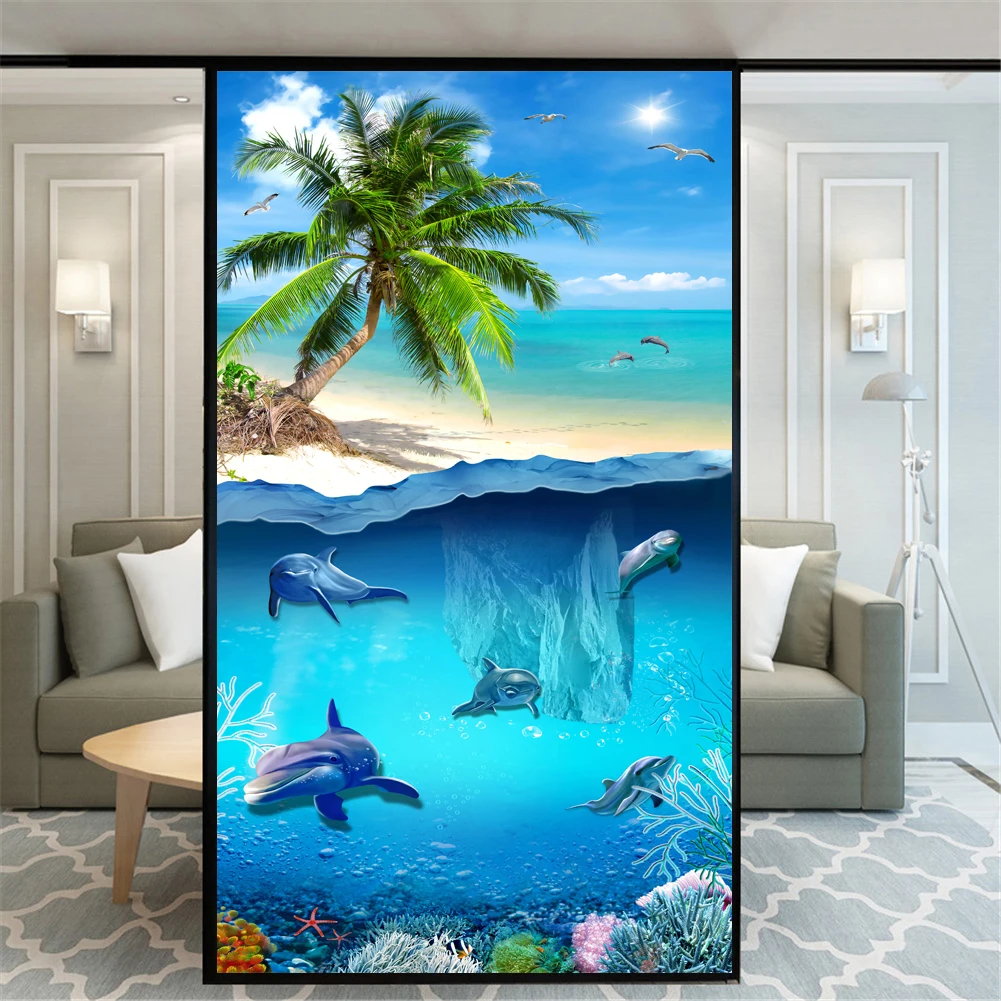 

Lumanduo Sea World No Glue Privacy Window Film Vinyl Static Cling Frosted Stained Glass Decorative Window Sticker Window Film