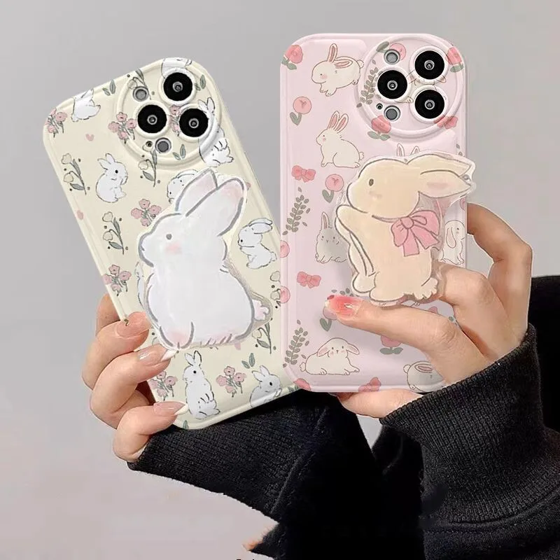 

with holder bracket cartoon rabbit phone case for iphone 14 pro max 13 mini 11 12 shockproof back cover for iphone xr xs x 7 8 p