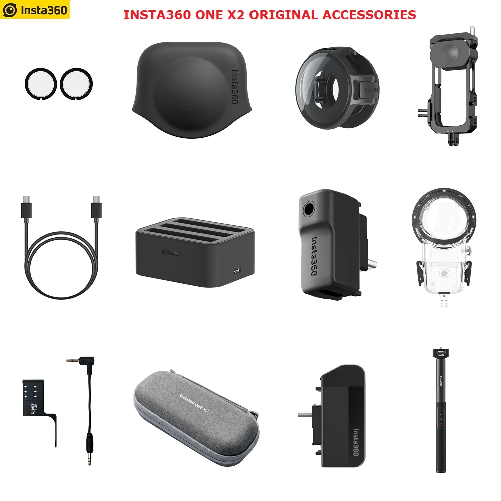 Набор оригинальных аксессуаров для Insta360 ONE X2: защитные колпачки для объектива, быстрый считыватель, питание, палка для селфи, адаптер для микрофона.