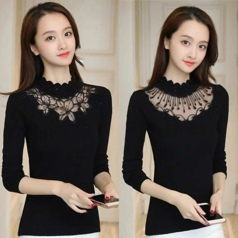 

Lace Turtleneck Long Sleeve T-shirt Top Mesh Women's Clothing Spring and Autumn Large Size Black Hollow Sexy T-shirts Femme E245