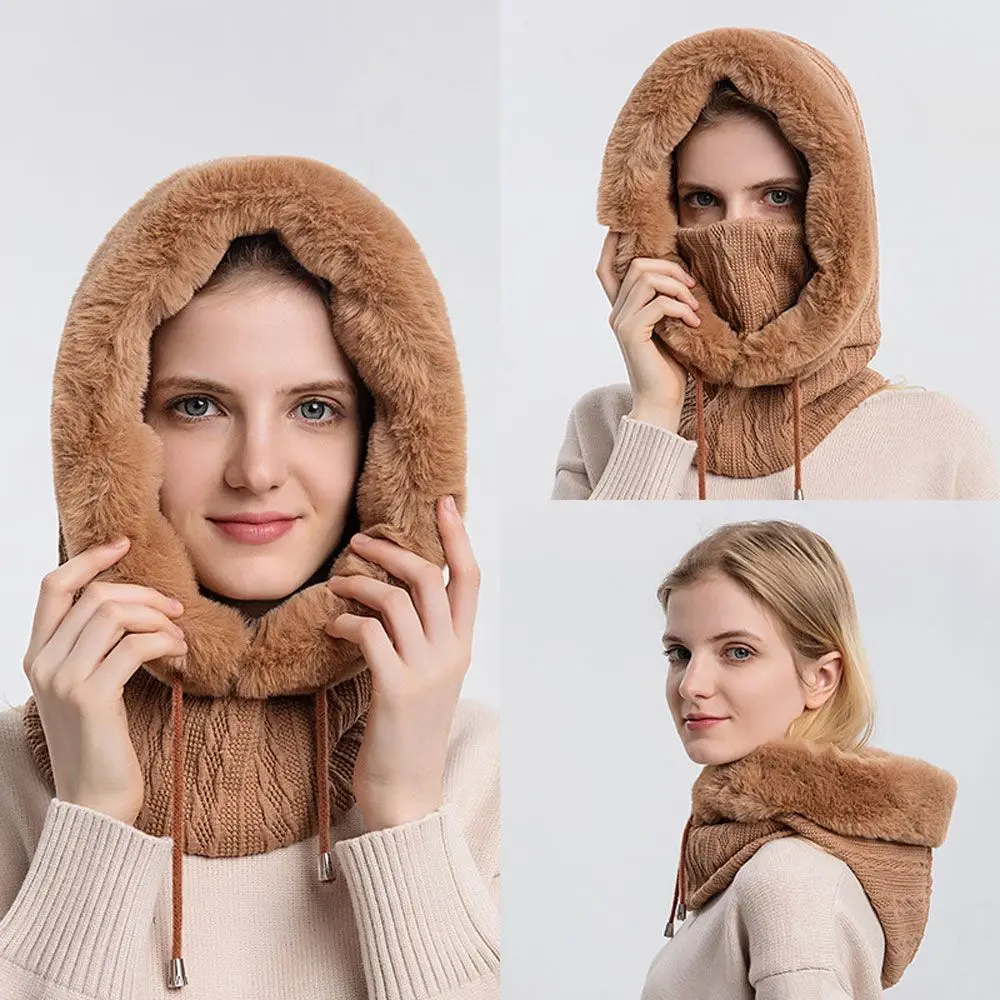 

Knitted Cashmere Neck Russia Outdoor Ski Hat Windproof Thick Plush Fluffy Beanies Warm Winter Fur Cap Mask Set Hooded for Women