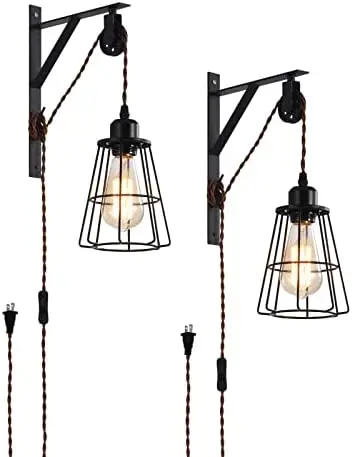 

Rustic Cage Lamp Bracket Pulley Lights Fixture, Farmhouse Pendant Lamp Adjustable Hanging with Plug in Cord - Retro Sconce for