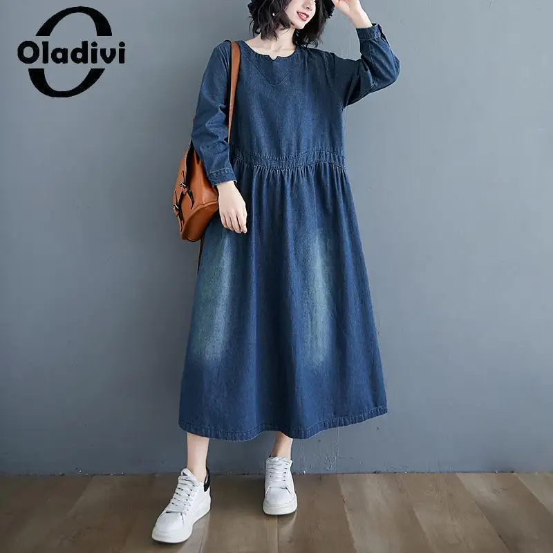 

Женское джинсовое платье Oladivi с длинным рукавом, большие размеры, Новинка лета 2023, повседневные свободные джинсовые платья, винтажная Женская одежда оверсайз, 308