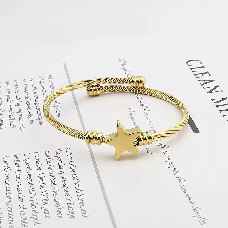 

New Cute Star Shape Bangle Adjustable Size Bracelet High Quality Stainless Steel Twisted Cable Wire Jewelry Women Love Gift