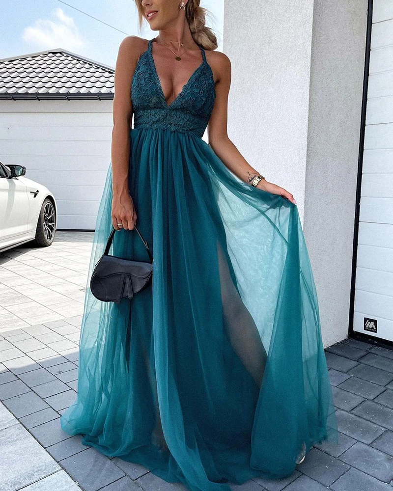 

Dress For Women 2022 Splicing Lace Mesh Backless Halter Sleeveless Maxi Dress Chic Sexy Summer Vestidos Elegantes Para Mujer