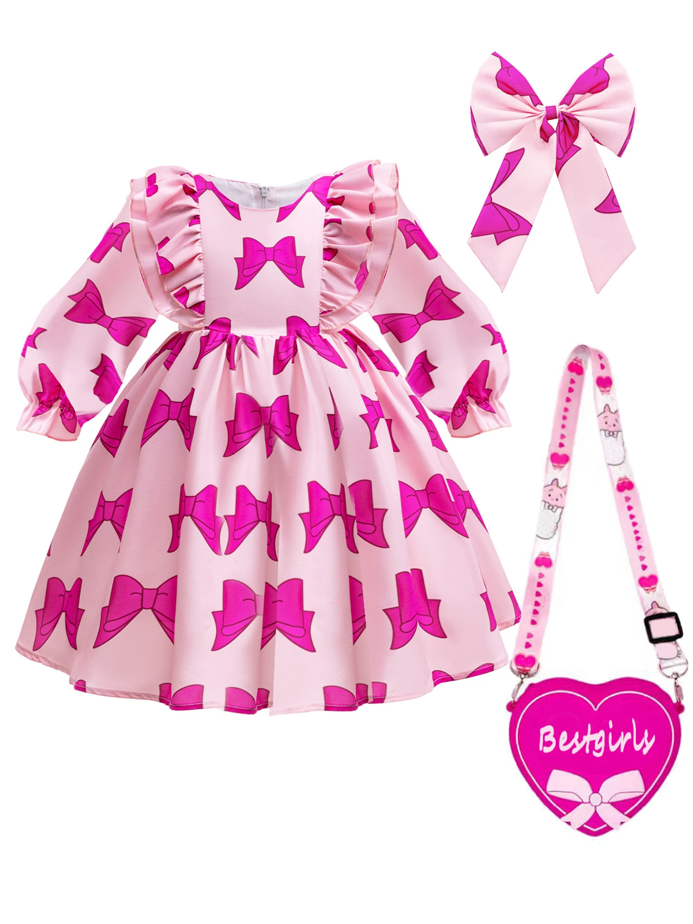 Женское платье с длинным рукавом розовое бантом для девушек включает аксессуары