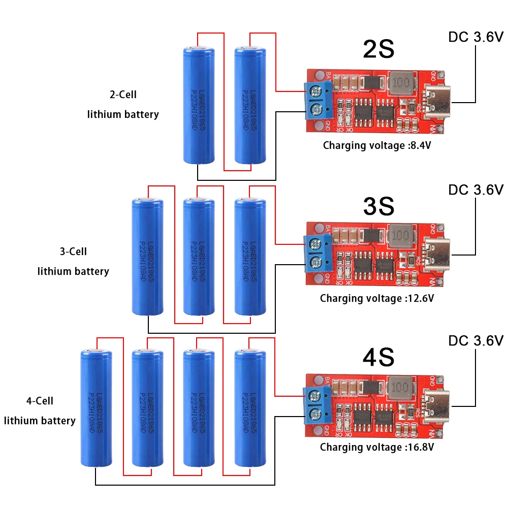 

DIY 18650 21700 3.7V Lithium Battery Step-Up Boost LiPo Polymer Li-Ion Charger Multi-Cell 2S 3S 4S 5V Type-C To 8.4V 12.6V 16.8V