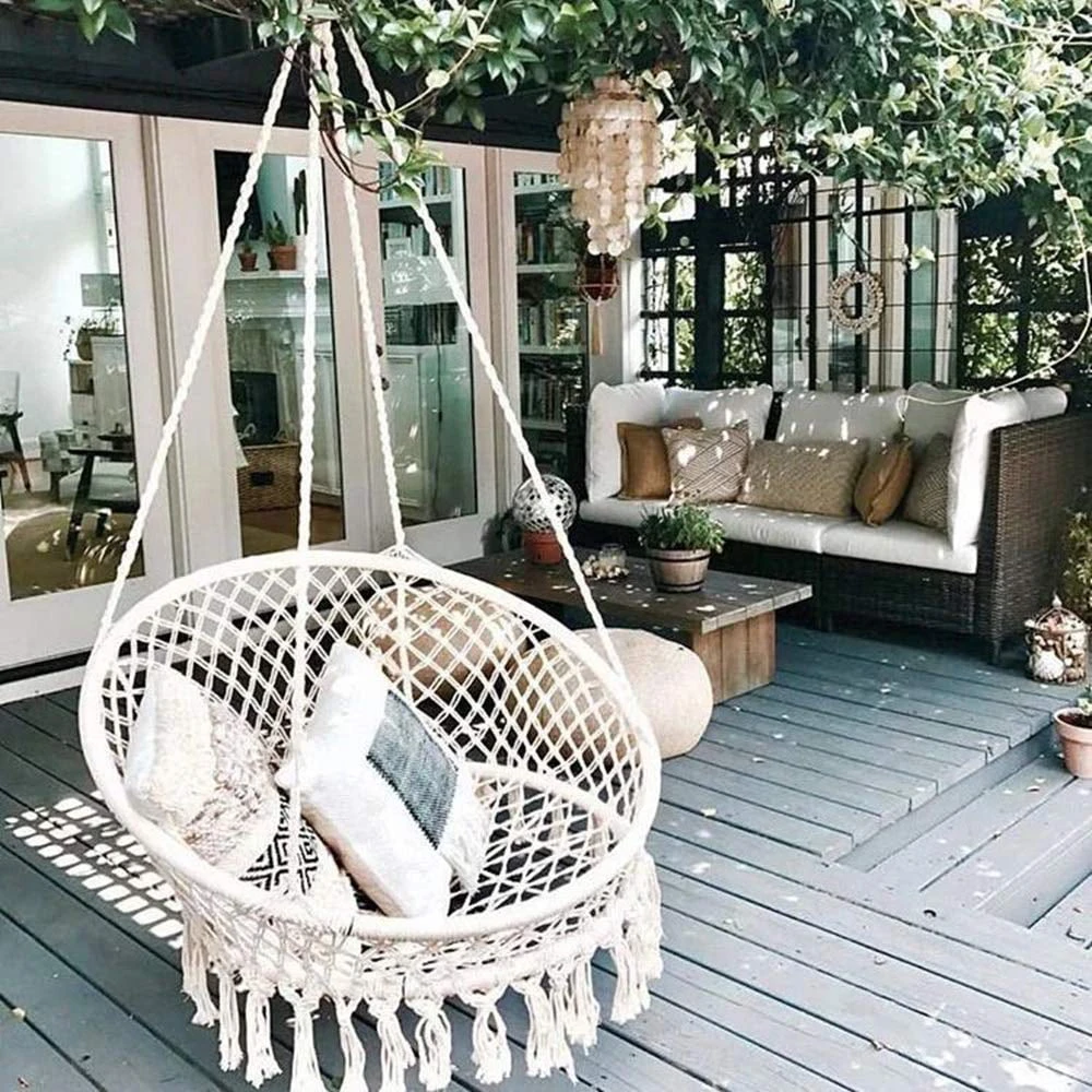

Hammock Chair Macrame Swing, Handmade Knitted Hanging Cotton Rope Chair for Indoor/Outdoor Home Patio Deck Yard Garden Reading L