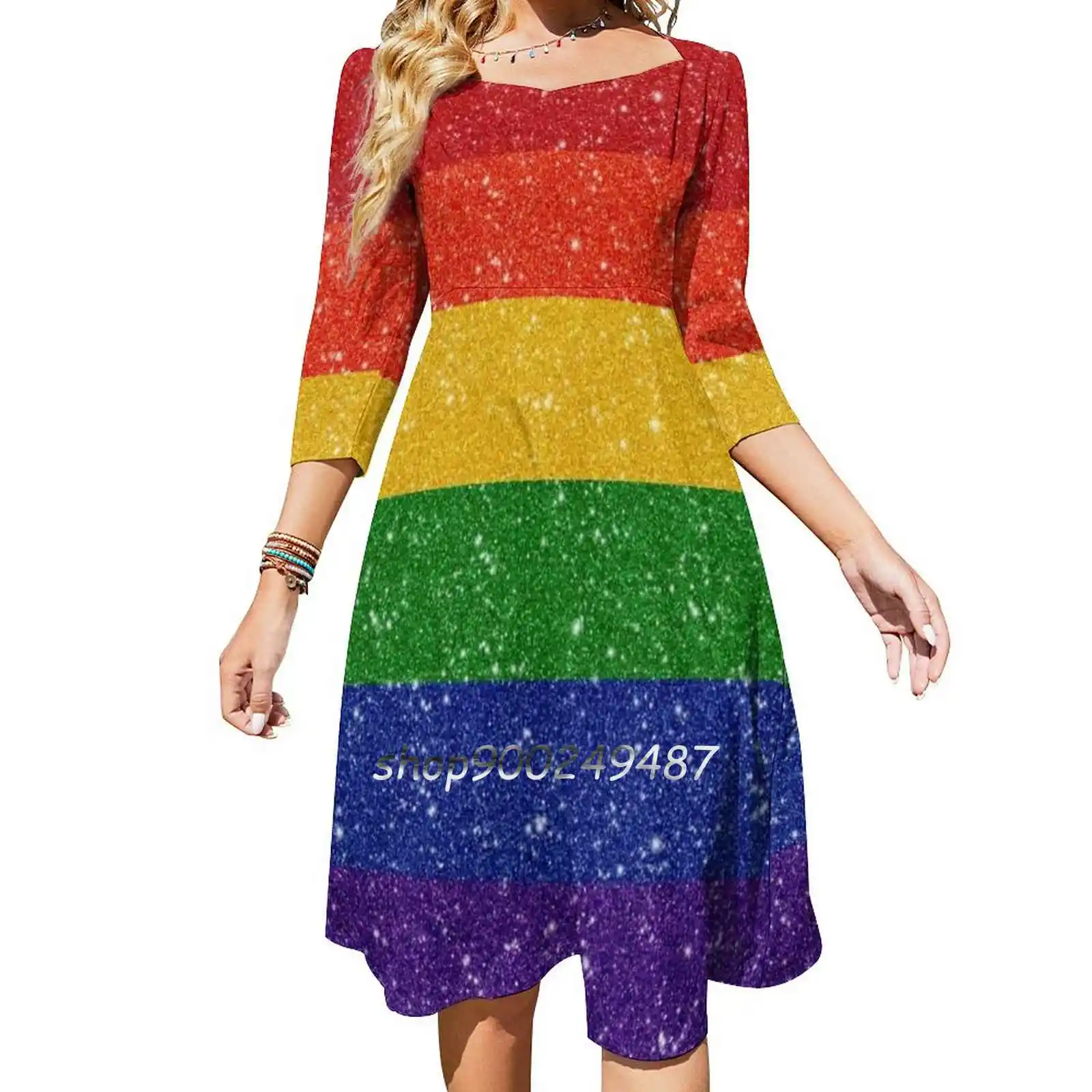 

Faux Glitter Rainbow Pride Flag Evening Party Dresses Midi Sexy Dress Female Sweet One Piece Dress Korean Rainbow Pride Flag