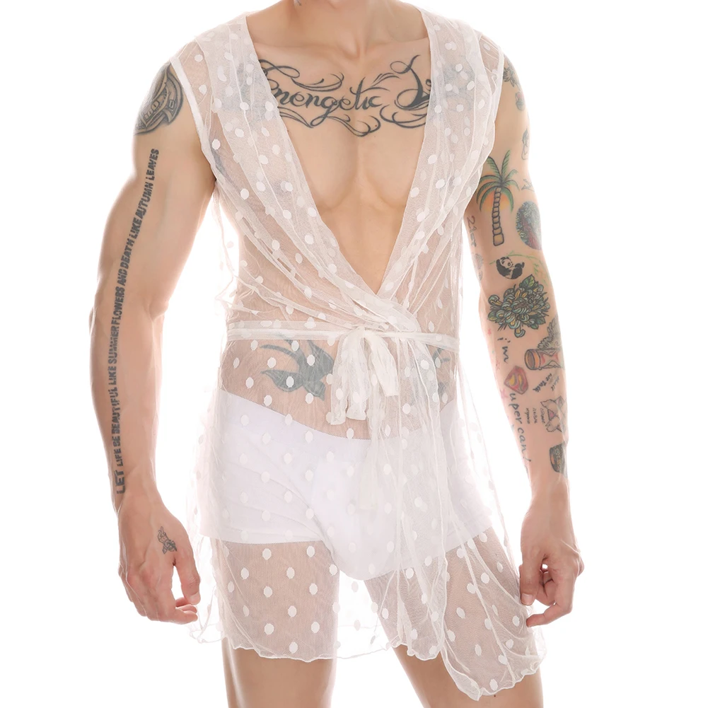 

Sexy Men Lingerie Polka Dot Lace Nightgown See Through Dress Robe Underwear Sleepwear Sleeveless Bathrobe Hooded Loungewear