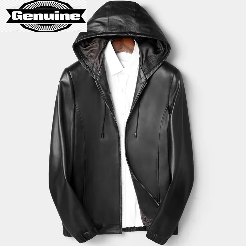 

Jacket Leather Black Men Sheepskin Clothing Spring Autumn Warm Hooded Mid-length Trenchcoat Leather Coats Casaco De Pele