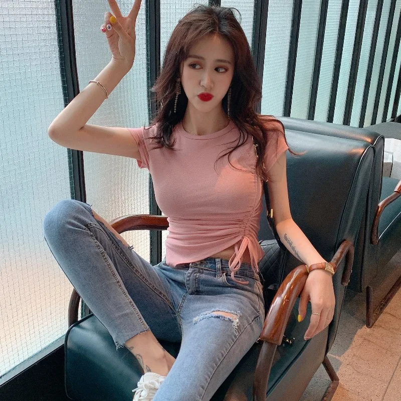 

2020 summer women's new net red versatile irregular slim short sleeve T-shirt solid color short careful machine top fashion