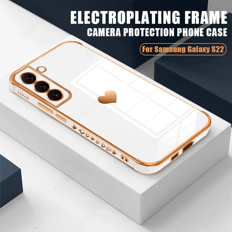 

Plating Love Heart Silicone Phone Case For Samsung S22 Ultra S21 S20 FE A53 5G A52 A52s 5G Shockproof Square Bumper Back Cover