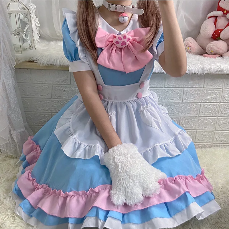 

Blue Pink Maid Dress Japanese Kawaii Cat Lolita Princess Outfits Waitress Pinafore Set Uniform Cosplay Costume Sweet Girl Women