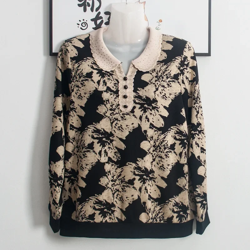 Women's Long Sleeve T-Shirt Plus Size Loose Fit Slimming Lapel Top Middle-Aged And Elderly Fashionable Round Neck Base Shirt