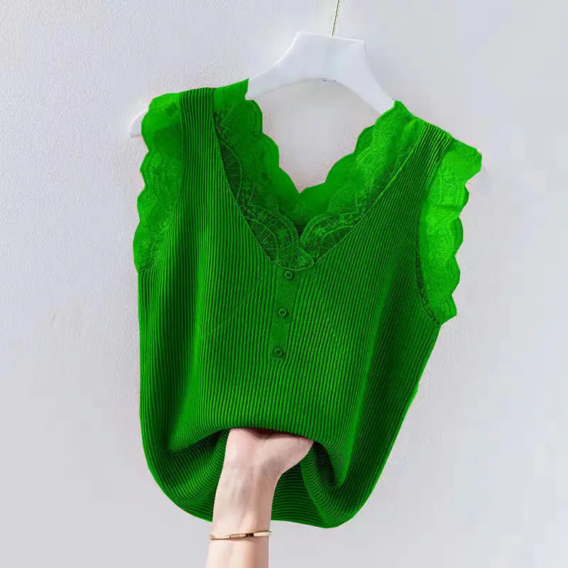 

Fashionable Lace V-neck Sleeveless Top Stitching with Ruffles Knitted Vest Solid Color High Street All-match Tank Top Women