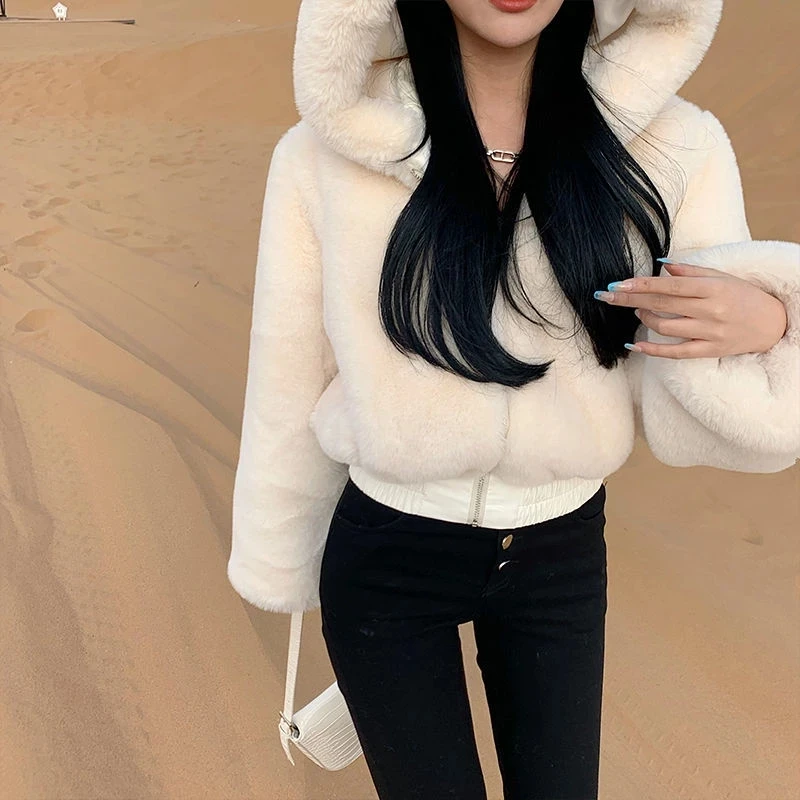 High Quality Furry Cropped Faux Fur Coats  Rabbit Bomber Jackets Women Fluffy Top Coat with Hooded Winter Short Fur Jacket femme