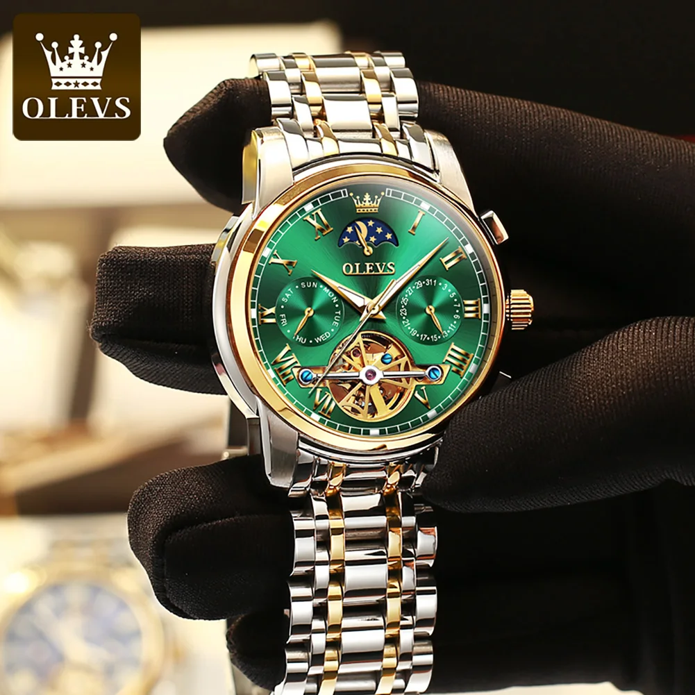 

OLEVS New Fashion Green Automatic Mechanical Watch Men Business Luminous Waterproof Moon Phase Watches Male Reloj Hombre 6617