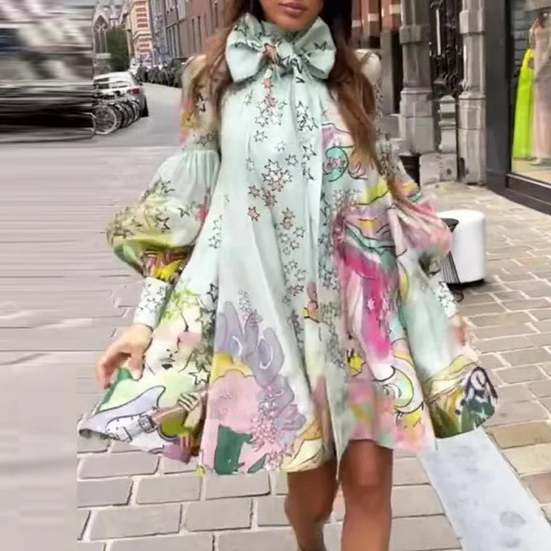 

Spring Pattern Print Hem Boho Mini Dress Women Elegant Tie-up Bow Collar Ball Evening Dress Autumn Lantern Sleeve Office Dresses