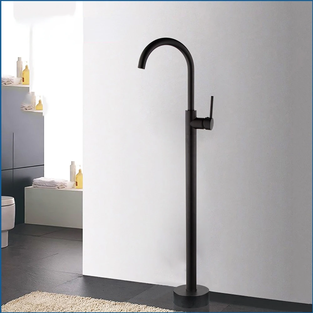 

Matte Black Bathtub Shower Faucet Sets Floor Mounted Solid Brass Stand Free Standing tub filler Faucets