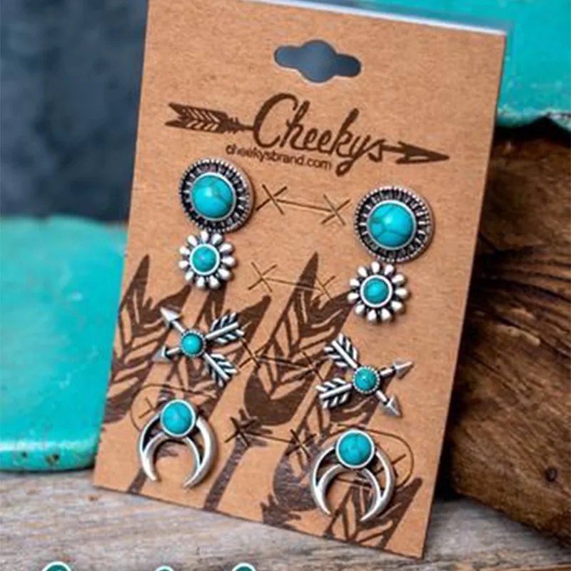 

Bohemian style feather arrow crescent turquoise earring set with retro ethnic style