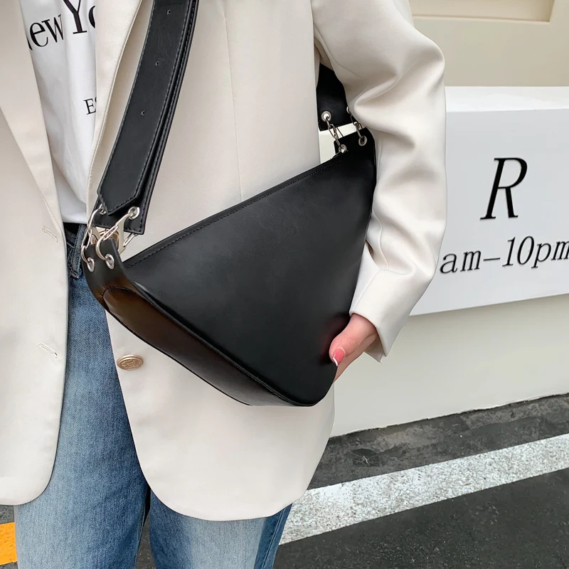 

Designer Luxury Bag Solid Color Triangle PU Leather Shoulder Bag for Women Adjustable Shoulder Straps Female Crossbody Bag