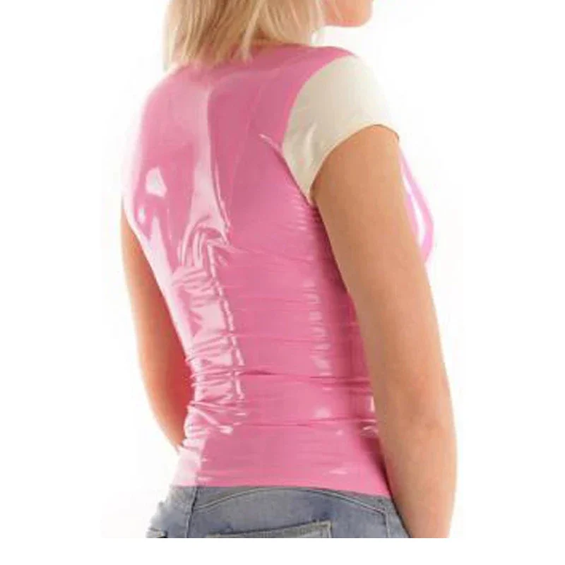 Латексные женские топы Gummi рубашки с короткими рукавами розовые белые на заказ 0 4