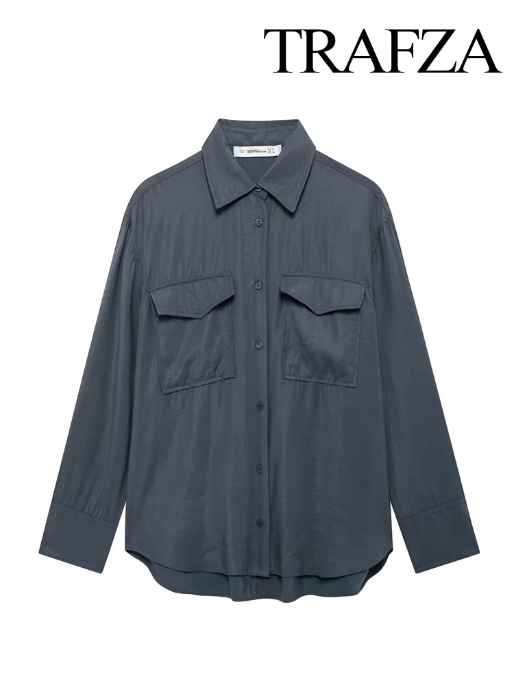 Женская драпированная рубашка с длинным рукавом и воротником карманами