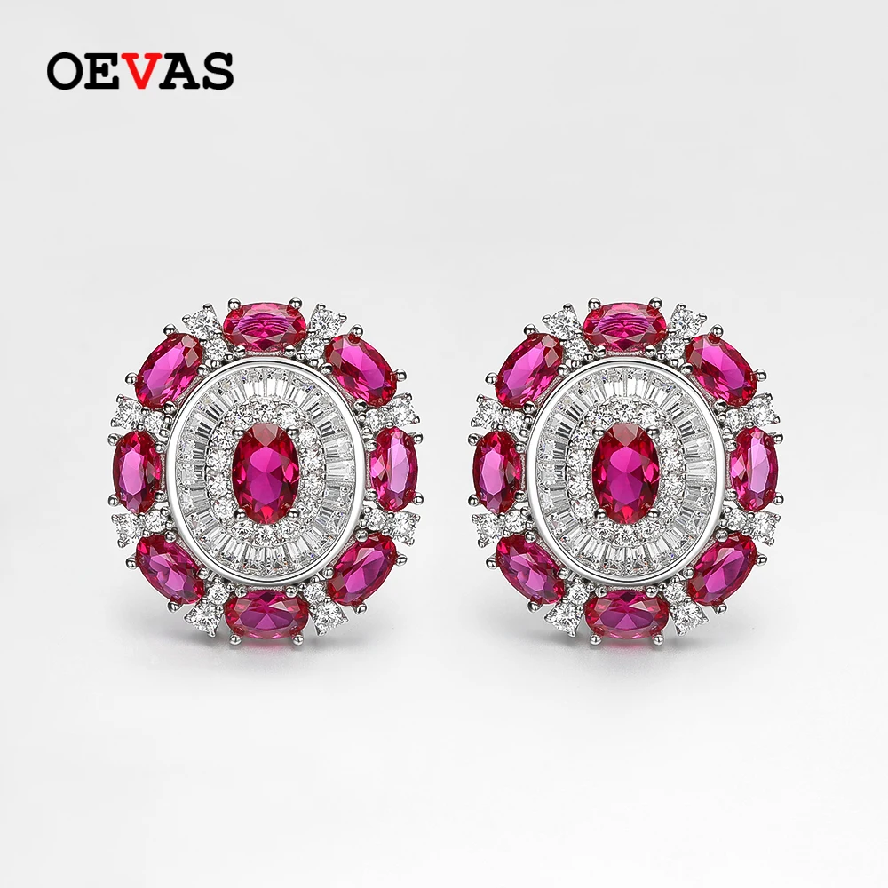 

OEVAS 100% 925 Sterling Silver 4*6mm Ruby High Carbon Diamond Stud Earrings For Women Sparkling Wedding Party Fine Jewelry Gift