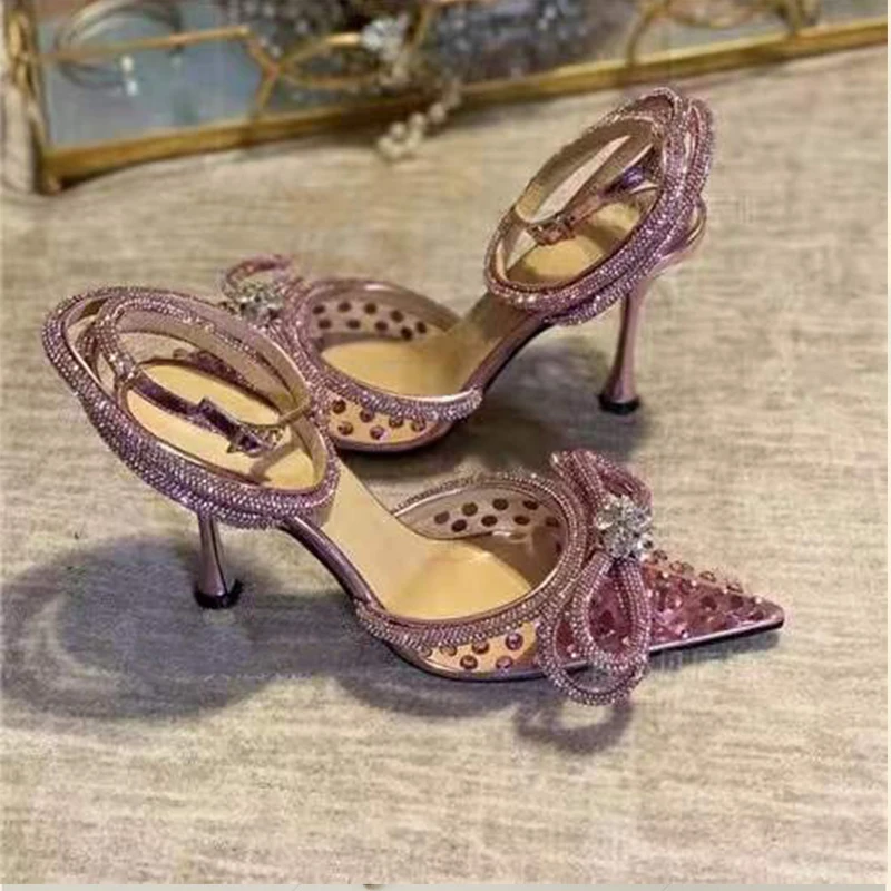 

Spring new fairy style pointed high-heeled slippers film rhinestone bow fine heel Muller Baotou half drag