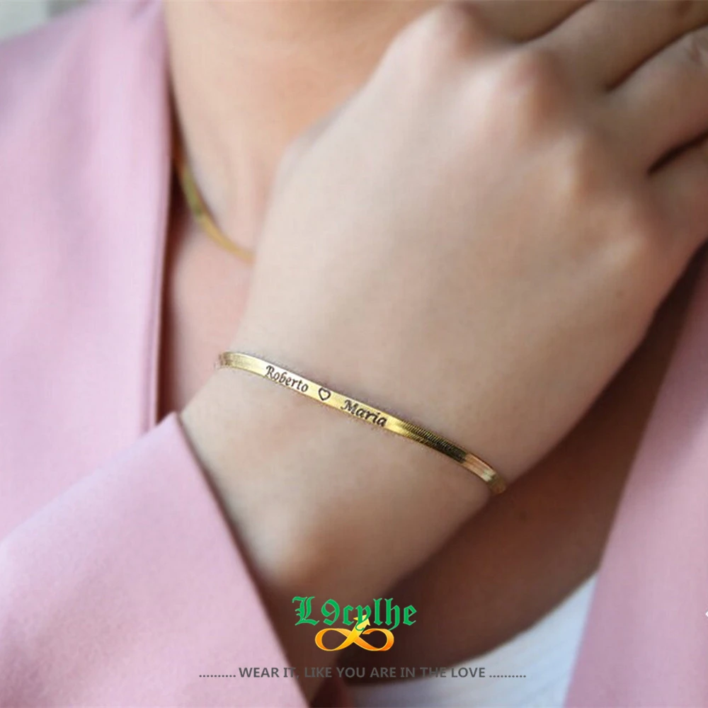 

Gold Silver Flat Snake Chain Bracelet Custom Jewelry Personalized Engraved Name Bracelets For Women Men Hip Hop Bijoux Femme