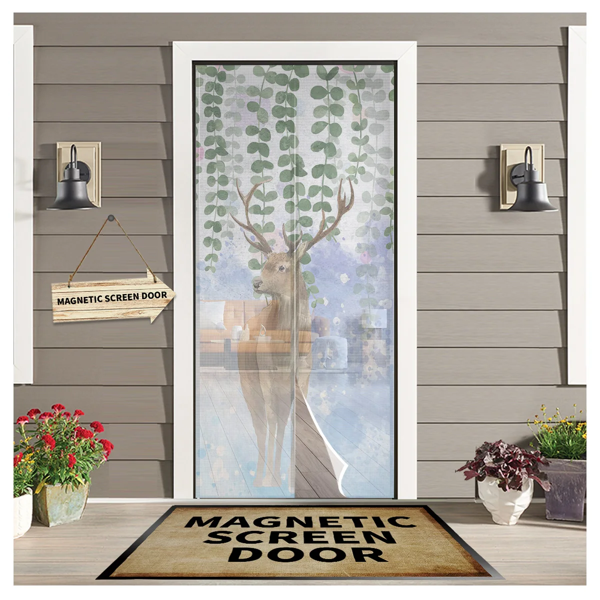 

Animal Elk Watercolor Leaves Door Curtains Summer Magnetic Anti-mosquito Screen Insect Fly Bug Home Kitchen Printed Curtains