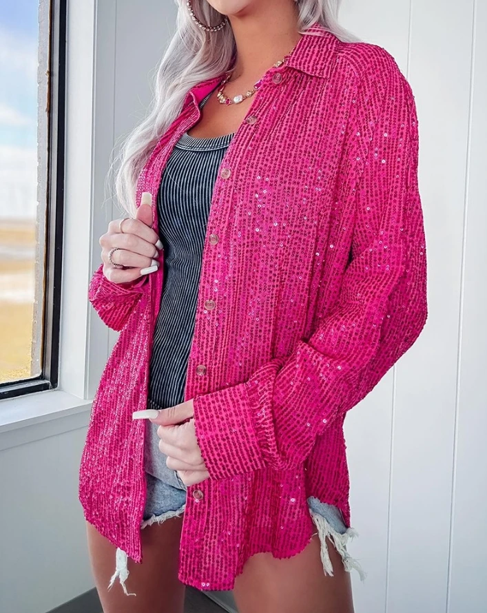 Женский Осенний модный новый топ на пуговицах с длинными рукавами и блестками