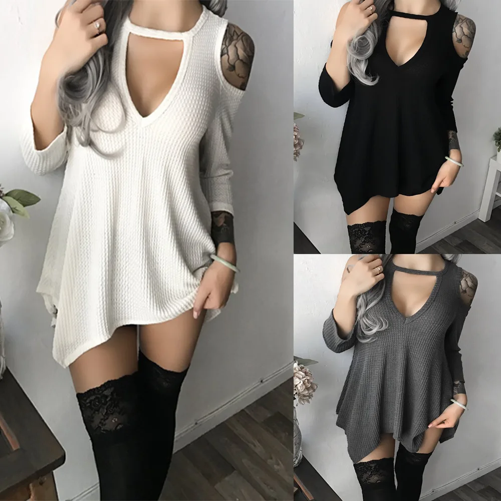 

2022 European and American new autumn and winter round neck deep V off-the-shoulder hem irregular dress