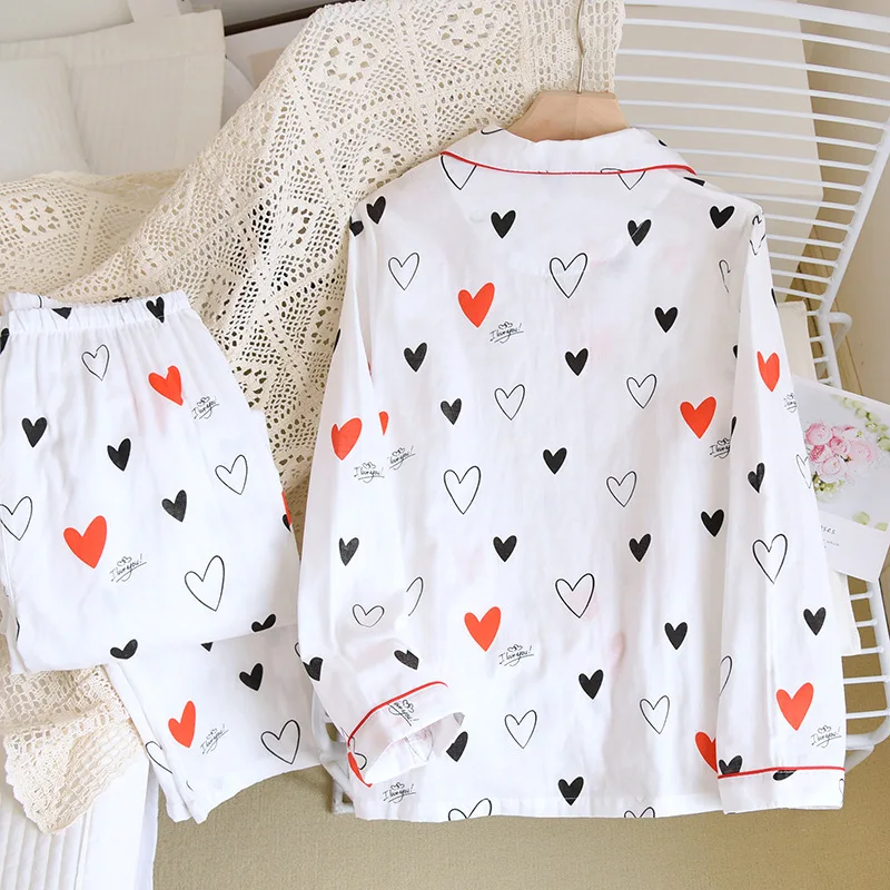 Cotton Double Gauze Pajama Set Women Autumn Summer Heart Girl Thin Lapel Cardigan Long Sleeve Trousers Simple Loose Loungewear