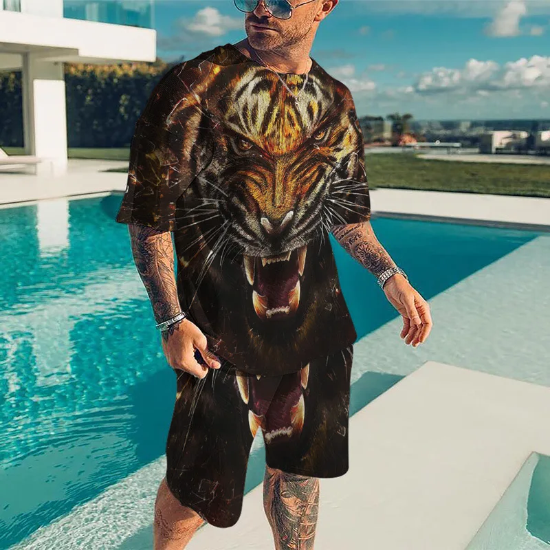Summer Men Casual T-shirt Sets For Man Tracksuit Fashion 2-piece Oversize Outfit Animal Lion Tiger Suit Gym Streetwear